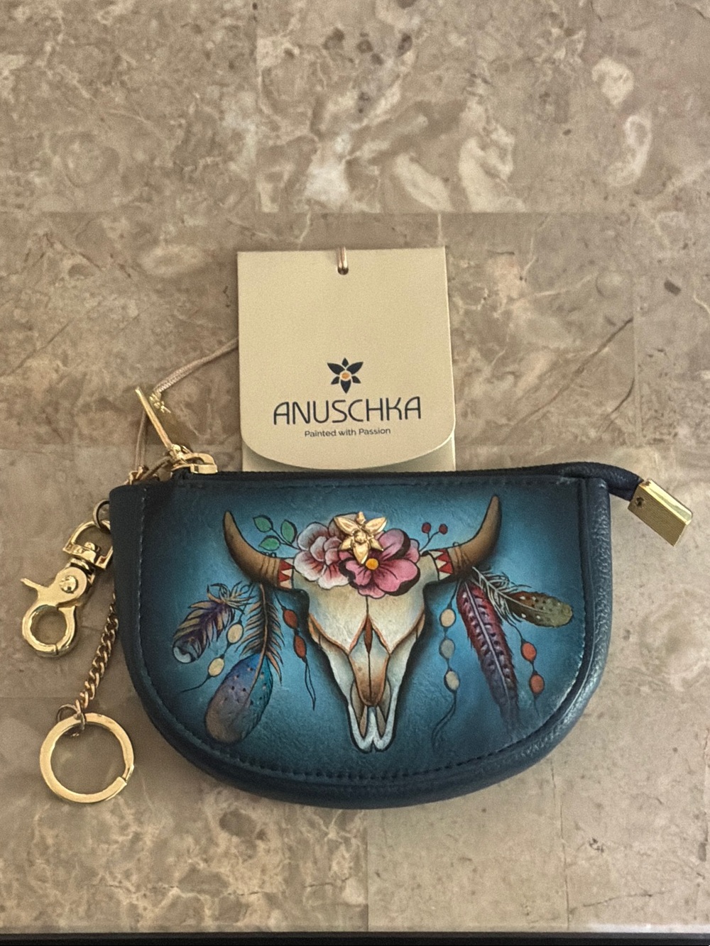 Anuschka Teal Painted Leather Coin Pouch with Floral Bull Skull